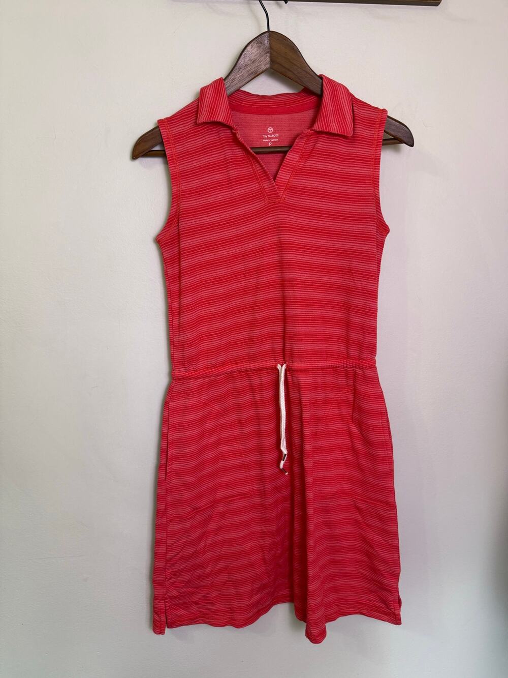T by Talbots Sleeveless Drawstring Polo Dress Red Stripe Size Petite P Casual